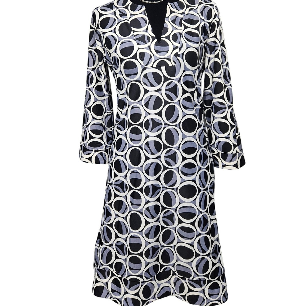Bo&NiC Womens Black White Grey Geometric Circle Print V-Neck Shift Dress XS
